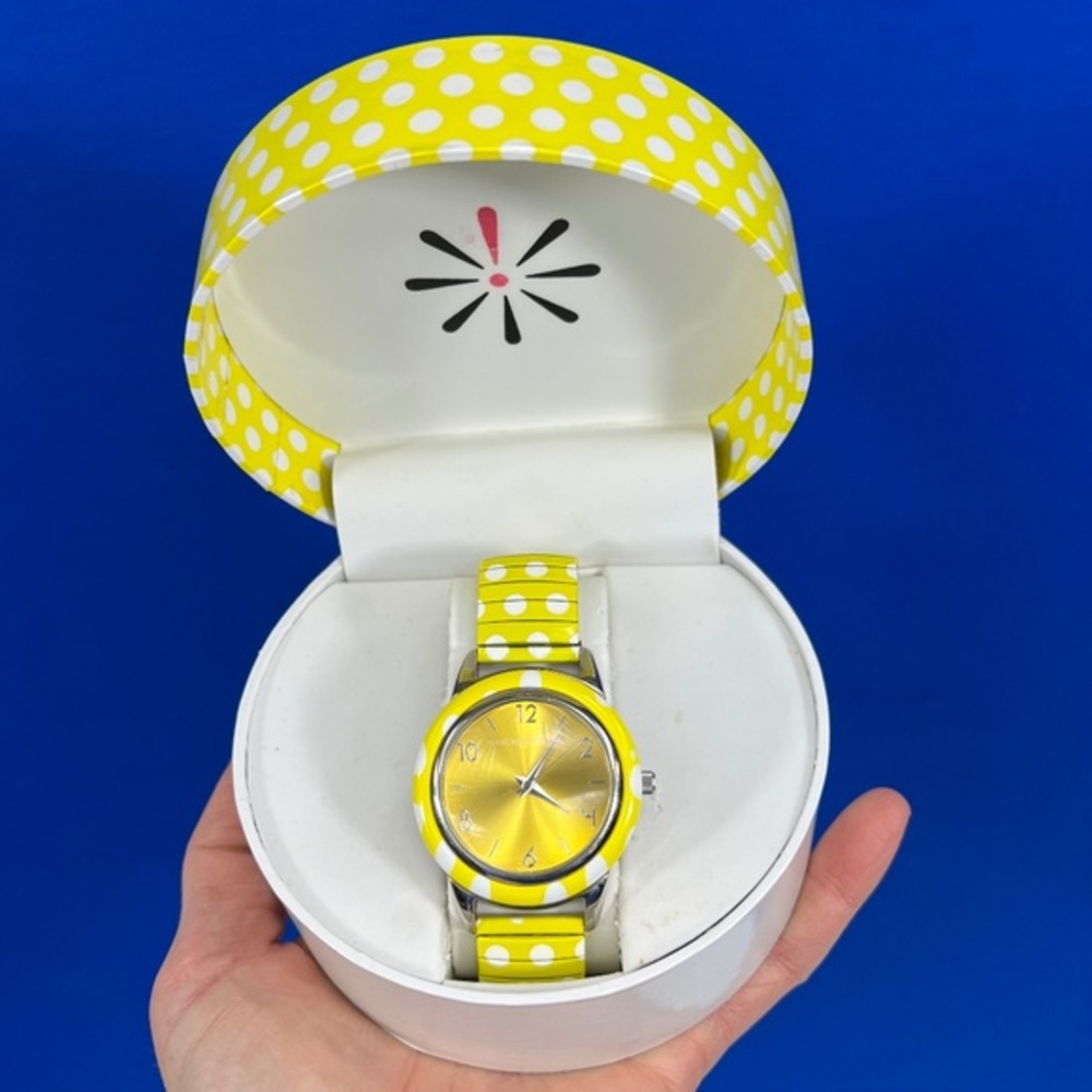 🎁NWT/NIB🤩 |•ISAAC MIZRAH•| Live! Yellow & White Polka Dot Stretch Band Watch